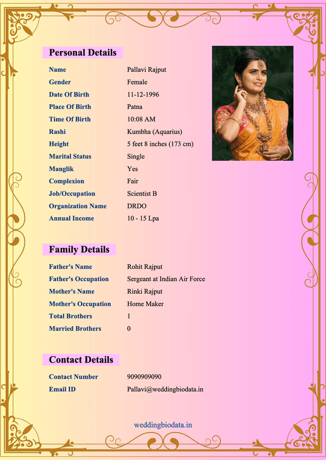 marriage biodata format 11 - Popular biodata design