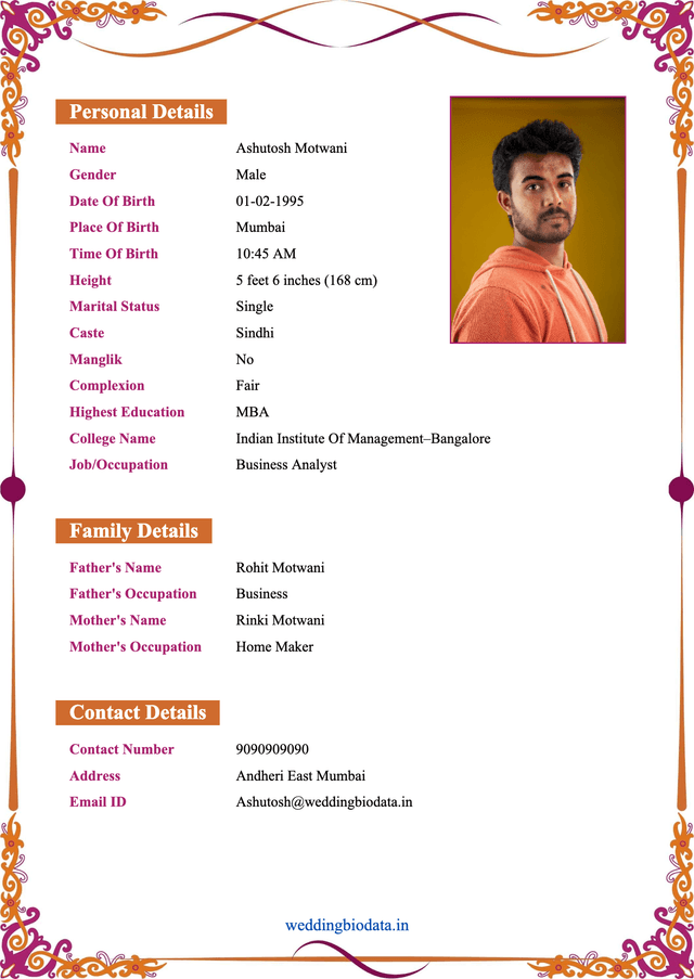 marriage biodata format 21 - Popular biodata design