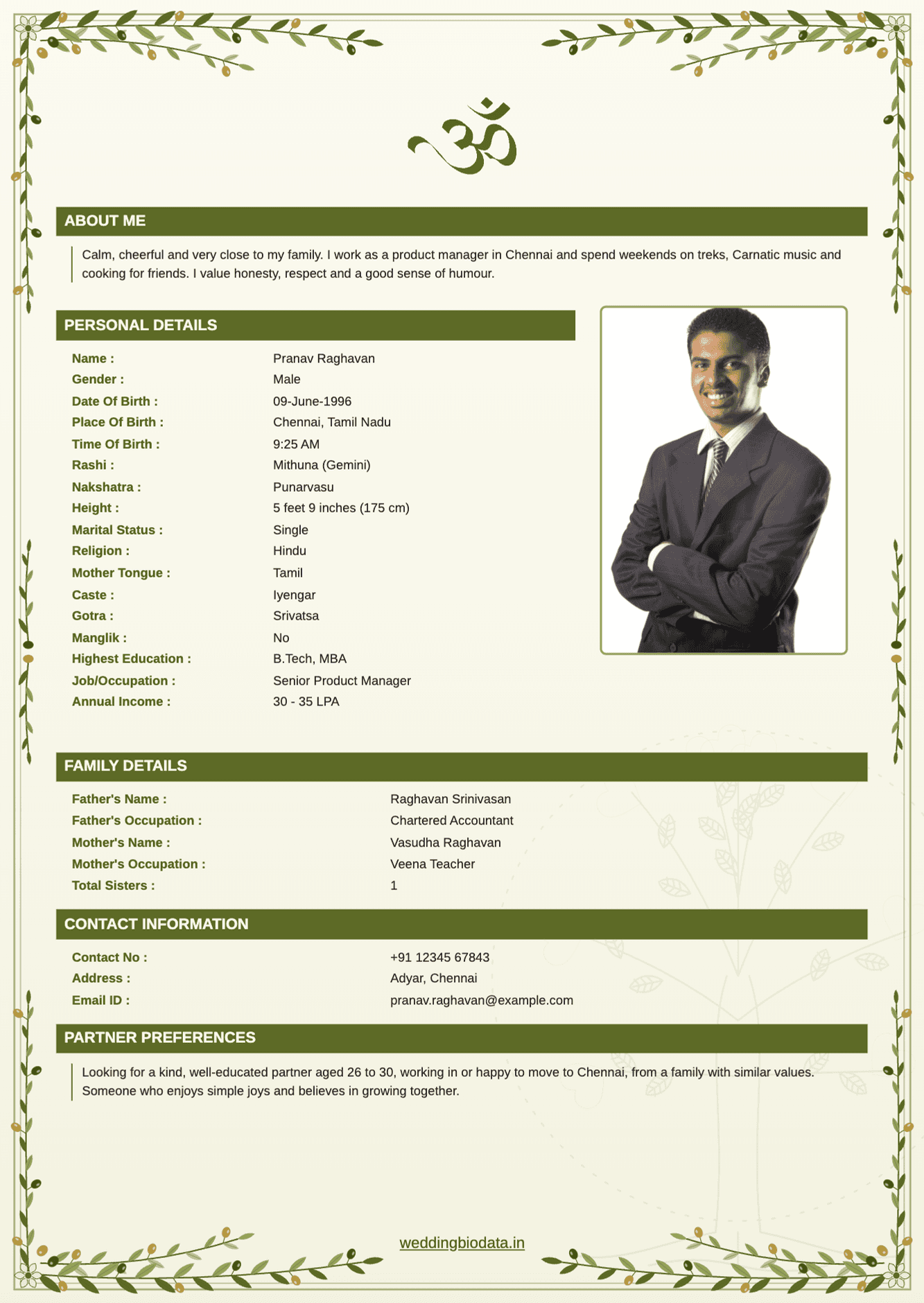 Marriage biodata format explained: a sample Hindu biodata with the top icon, About Me, photo, personal, family, contact and partner preference sections marked